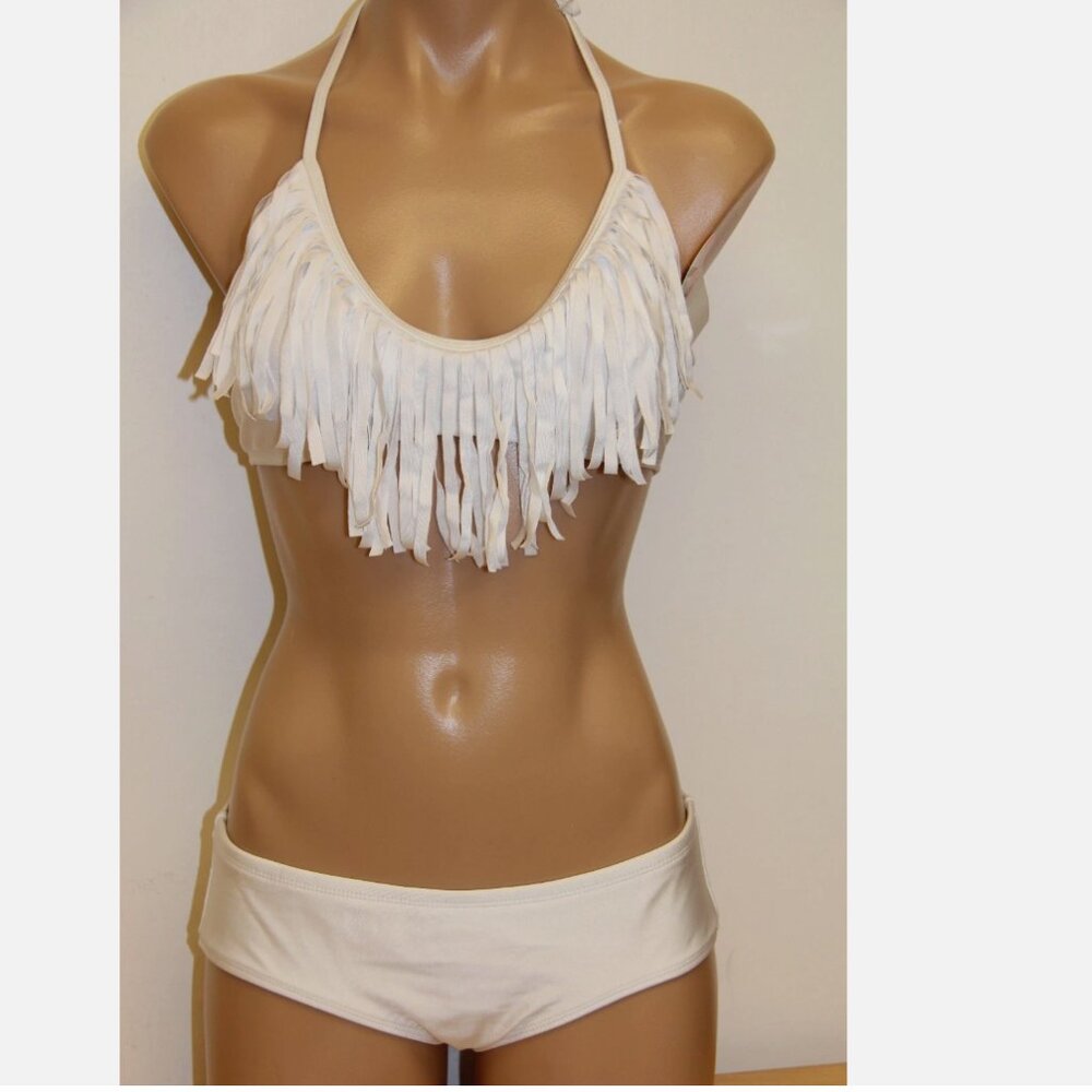 New Raisins Swimsuit Bikini 2 piece set Fringe Bra Sz S WHT